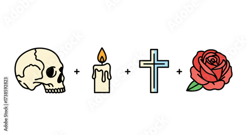 Memento Mori Composition: A poignant artistic arrangement symbolizing life's transient nature, featuring a skull, a candle, a cross, and a rose. Expressing themes of remembrance, mortality, faith.