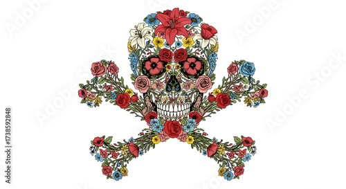 Floral Skull: A vibrant and intricate floral arrangement shaped like a skull, symbolizing life, death, and the beauty found in transformation, adorned with colorful flowers and blossoms.