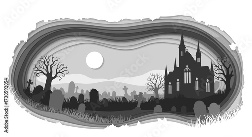Spooky Cemetery Illustration: A captivating illustration of a cemetery, complete with gothic architecture, and barren trees create a scene perfect for Halloween. 