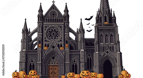 Spooky Cathedral on Halloween: An ominous cathedral, decorated with carved pumpkins and hovering bats, creates an atmospheric scene filled with mystery and the spirit of Halloween.