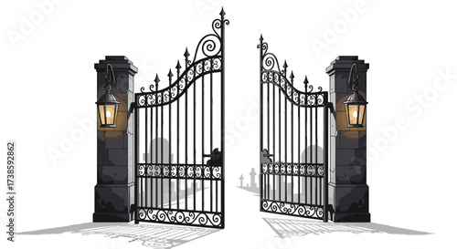 Open Gate of Opportunity: A grand wrought iron gate stands open, revealing a pathway forward, illuminated by vintage lanterns. A symbol of new beginnings and inviting possibilities.