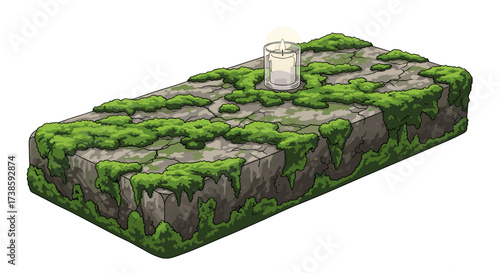 Candlelight on Stone: A solitary candle casts a warm glow upon an ancient stone surface, lushly covered with moss. The scene creates a serene ambiance.