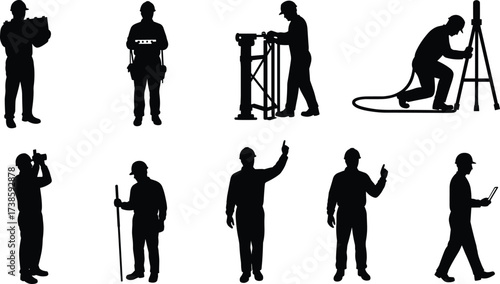 Construction and engineering worker silhouettes with blueprints, surveying, measuring, drilling, teamwork, inspection, heavy labor, industrial job, planning, silhouettes, industry