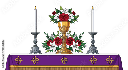Sacred Altar: A symbolic and ornate altar, adorned with candles, chalice, and floral arrangements, representing a place of devotion and spirituality.
