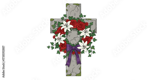 Eternal Remembrance: A stone cross, adorned with a wreath of vibrant roses, lilies, and lush ivy, stands as a timeless symbol of remembrance and enduring faith.