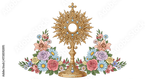 Religious Monstrance Adorned with Floral Beauty: An exquisite golden monstrance, radiating spiritual brilliance, is delicately framed by a vibrant array of blooming flowers.
