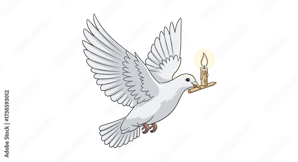 Obraz premium Dove of Hope: A serene white dove soars through the sky, carrying a lit candle, representing peace and the flame of hope against adversity. Symbol of peace, soaring bird, flame of hope.