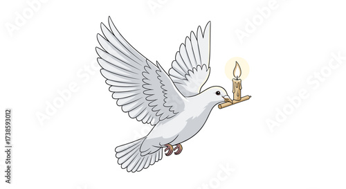 Dove of Hope: A serene white dove soars through the sky, carrying a lit candle, representing peace and the flame of hope against adversity. Symbol of peace, soaring bird, flame of hope.