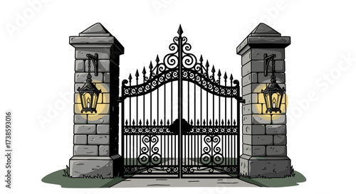 Ornate Gate: A detailed illustration of a grand, ornate wrought-iron gate, flanked by two sturdy stone pillars with vintage lanterns illuminating the scene.