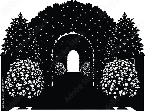 Flower Hedge In Summer Courtyard Silhouette | Ornamental Plant Vector Art