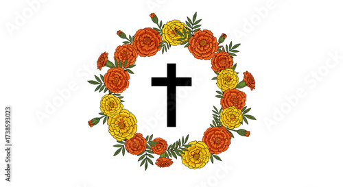 Floral Cross Arrangement: A striking, artful representation of a black cross, intricately embraced by a vibrant wreath of orange and yellow flowers, symbolizing remembrance and spirituality.
