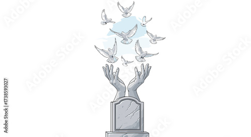 Dove release: A serene artistic depiction of hands releasing a flock of doves into a clear sky, symbolizing hope, peace, and remembrance.