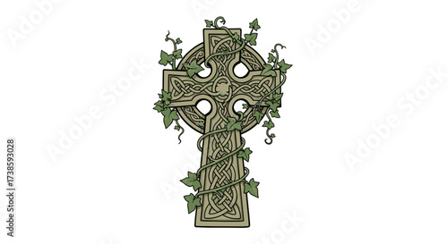 Celtic Cross Adorned with Ivy: An intricately designed Celtic cross, intertwined with delicate ivy, radiates a sense of ancient history and spiritual significance.
