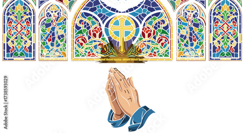 Praying Hands Under Stained Glass: Rendered against the backdrop of a vibrant stained-glass window, two hands clasped in prayer depict deep devotion and a sense of spiritual connection.