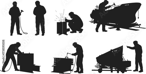 Shipbuilding worker silhouettes welding, metalworking, construction industry, ship repair, fabrication, sparks, industrial labor, teamwork, marine engineering, heavy work, silhouettes, industry