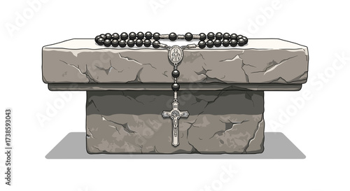 Stone Altar with Rosary Beads: A weathered stone altar displays a detailed rosary, draped across its surface, offering a sense of faith and reflection.