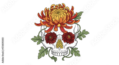 Day of the Dead Skull: A striking illustration of a decorated skull, adorned with vibrant chrysanthemums and intricate details, symbolizing the rich traditions of the Day of the Dead.