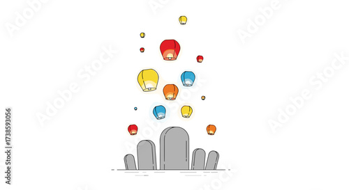 Lanterns of Hope: Colorful sky lanterns ascend into the atmosphere above a cluster of stone structures, painting a vivid portrait of celebration and new beginnings. The scene.