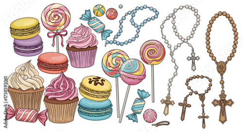 Sweet Temptations and Divine Devotion: An artistic arrangement of delectable treats, like macarons and cupcakes, playfully juxtaposed with the solemnity of rosaries.