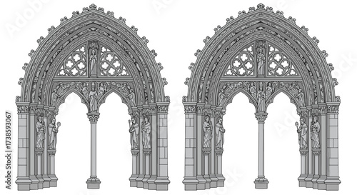 Gothic Archway Illustration: Two symmetrical archways stand with intricate, detailed stone patterns, evoking the grandeur of historical architecture. A timeless display of artistry.