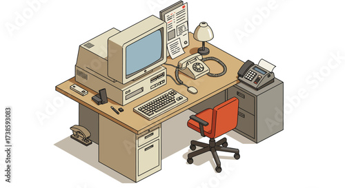 Retro office workspace with vintage computer and desk accessories in isometri…