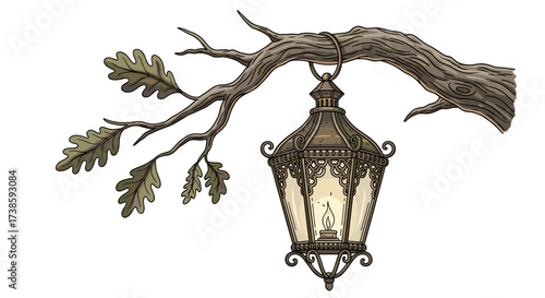 Lantern's Tranquil Glow: A vintage lantern, suspended from a sturdy tree branch, emanates a warm, inviting light. This piece evokes a sense of peace and rustic charm.