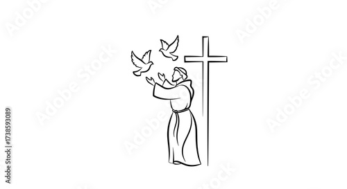Symbol of Faith: A silhouette illustration depicts a spiritual figure releasing doves towards a cross, symbolizing peace, faith, and hope.