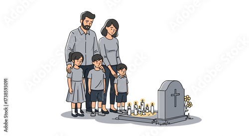 Mourning at the Gravesite: A family stands united in grief, paying respects at a memorial, their faces etched with sorrow as they honor a loved one. 