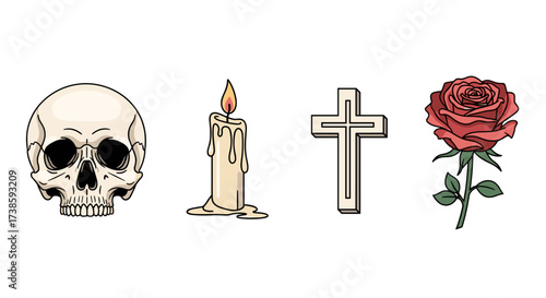 Memento Mori: A symbolic arrangement features a skull, a candle, a cross, and a rose, evoking themes of mortality, remembrance, and hope.