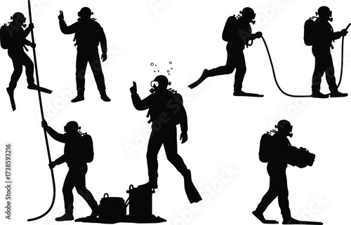 Underwater divers silhouettes, scuba gear, deep sea exploration, marine rescue team, diving operation, safety training, ocean workers, search mission