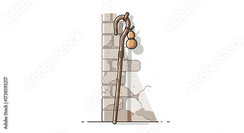 Journey's Resting Point: A sturdy walking stick leans against a weathered brick wall, the emblem of rest along the road, in quiet reflection 