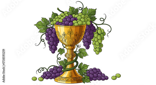 Golden Chalice and Grapes: A beautifully rendered illustration showcases a golden chalice overflowing with vibrant grapes, the chalice adorned with intricate designs, framed by lush green leaves.