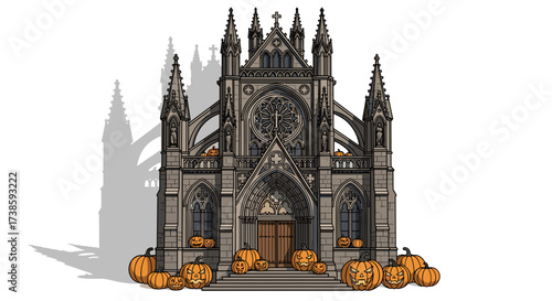 Haunted Gothic Church: A spooky gothic church stands with intricately carved features, silhouetted against a darkening sky, its presence enhanced by carved pumpkins, adding to an eerie atmosphere.