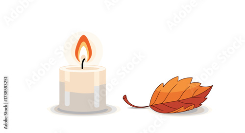 Autumn's Embrace: A cozy scene of warmth and transition, a burning candle stands next to a vibrant autumn leaf. symbolizing peace and a time of reflection