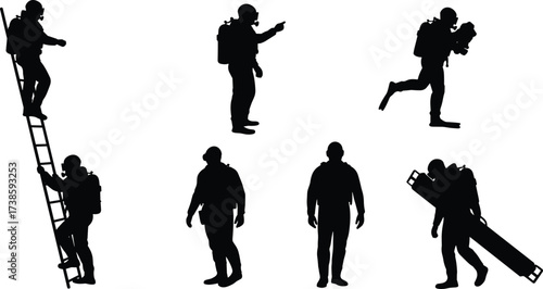 Firefighter silhouettes on duty, climbing ladder, carrying equipment, walking, standing, emergency response, fire safety, rescue team in action