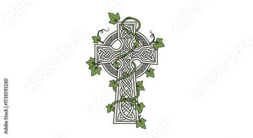 Celtic Cross Adorned: An intricately designed Celtic cross stands as a symbol of faith and cultural heritage, embraced by delicate vines.