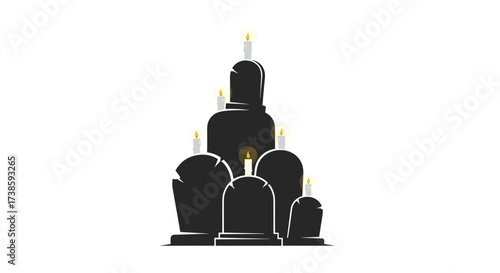 Mournful Mausoleum: A somber silhouette of gravestones, each a silent sentinel, illuminated by the flickering glow of candles, creating a haunting and reverent atmosphere.