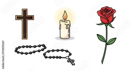 Symbols of Faith and Remembrance: A collection of faith-based symbols, including a wooden cross, burning candle, rosary beads, and a single red rose, create a sense of serenity and remembrance.