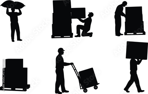 Warehouse workers lifting boxes, manual labor silhouette, pallet jack operator, heavy lifting posture, industrial workforce, logistics teamwork, shipping and handling safety