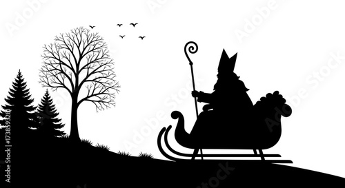 Saint Nick Silhouette: A silhouette depicts Saint Nick in a sleigh. The scene captures the essence of Christmas, hinting at the joy and generosity. A stark, yet enchanting illustration.