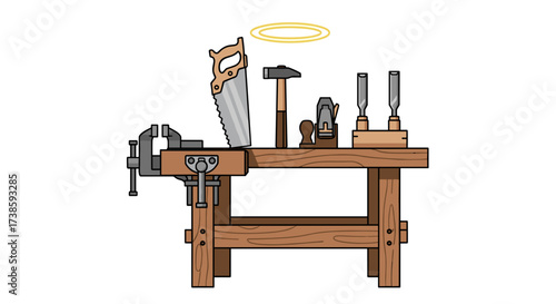 Tools of Craft: A meticulously rendered illustration of woodworking tools on a sturdy workbench, radiating a sense of artisanal skill and precision with a golden halo over it.