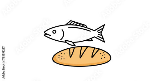 Simple Fish and Bread: An illustration of a fresh fish paired with a loaf of bread, representing basic nourishment. This image symbolizes simplicity and sustenance.