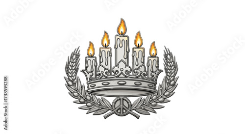 Symbol of Serenity: A crest with flickering candlelight, a crown of regal design, and olive branches embodying hope and peace, symbolizing serenity and elegance.