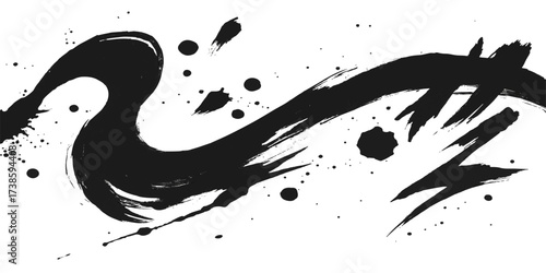 Black ink grunge paint splatters, splashes, and drops forming a textured vector design element, silhouette, and pattern