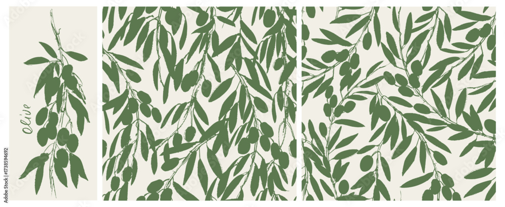 Fototapeta premium Olive branches seamless pattern set with leaves and berries silhouettes