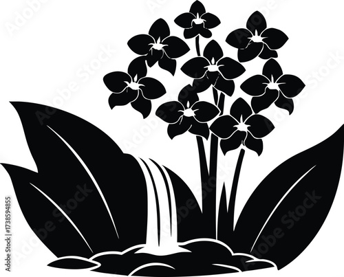 Tropical Orchids Near Waterfall Silhouette | Exotic Floral Vector Art