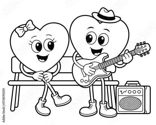 Hearts playing guitar on bench isolated on white background