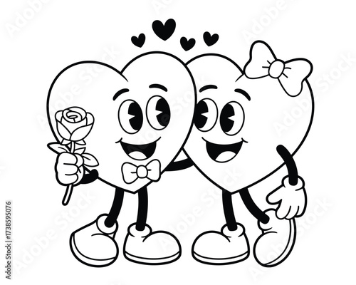 Two cartoon hearts in love isolated on white background