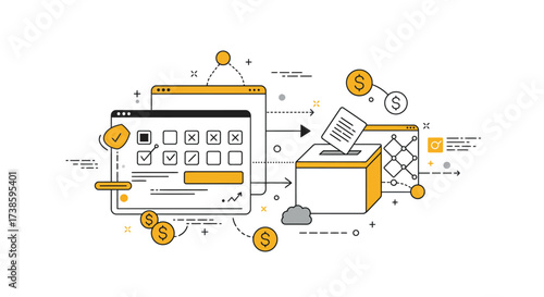 Online voting and blockchain technology in a modern line art style