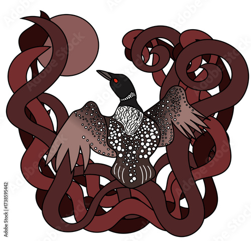 A decorative image of common loon bird, Gavia immer, with wings spread in a dramatic pose, surrounded by a braided art nouveau frame, looking at a circle representing the moon. Vector drawing. 